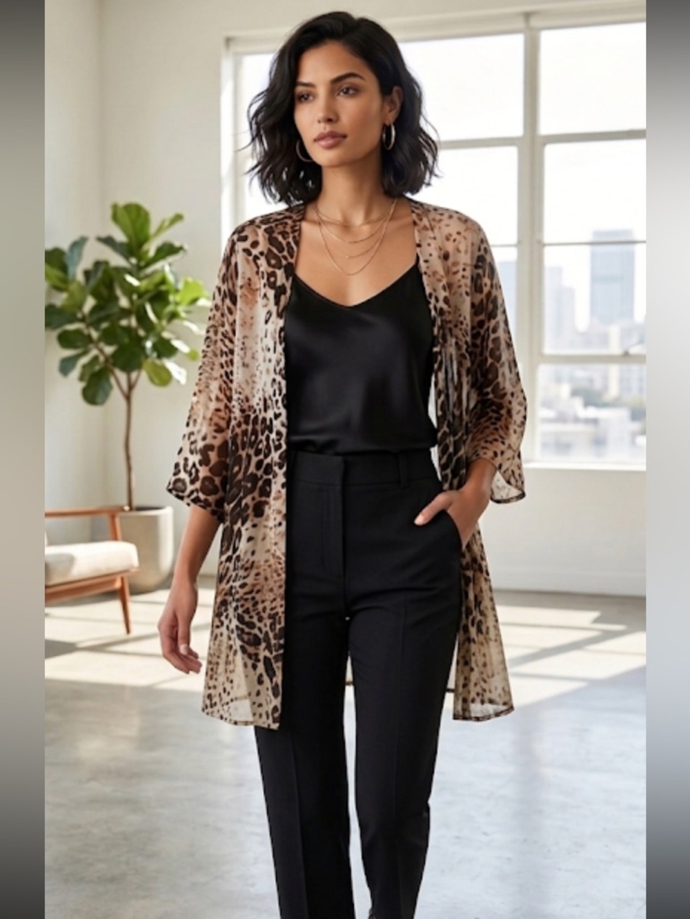 Chico’s Leopard Animal Print Sheer Kimono 2 / L Swim Cover Up Festival Layer
